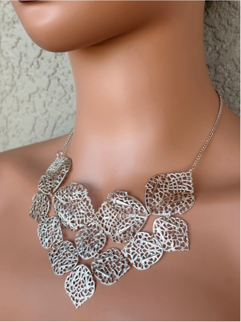 Lightweight Silver Filigree Leaf Statement Necklace